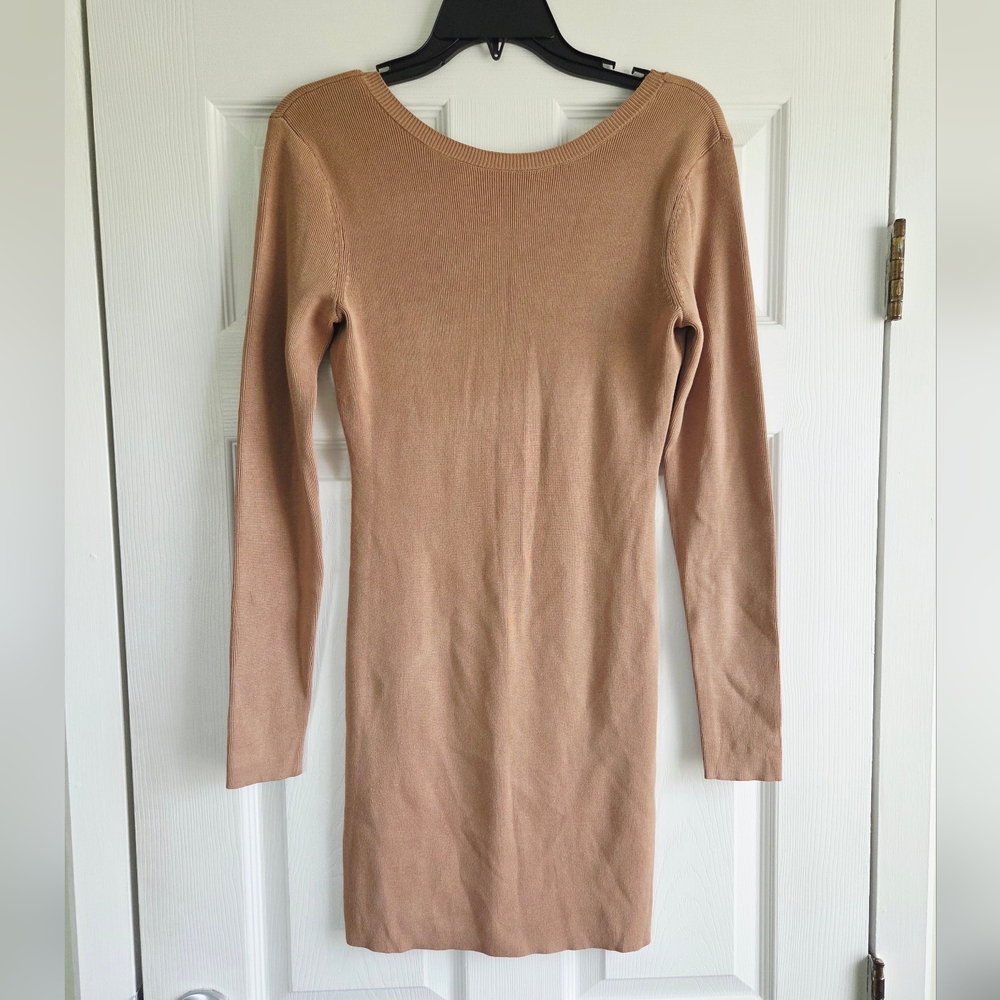 Open Edit ✨️ Elegant Tan Long Sleeve Scoop Back Mini Dress Size S